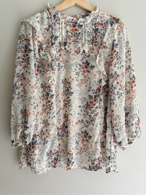 Floral Ruffle-Trim Women’s Blouse — Cream with Colorful Floral Pattern
